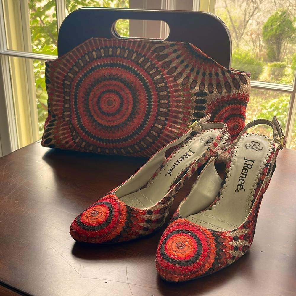 J. Renee size 6.5 print fabric sling-back heels with matching clutch bag.